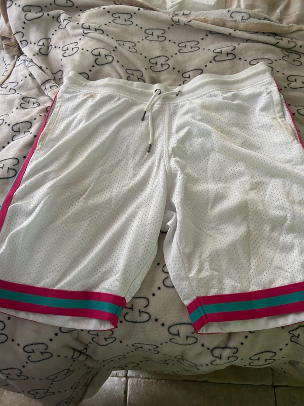 White Mesh Athletic Shorts with Pink and Teal Stripe Trim